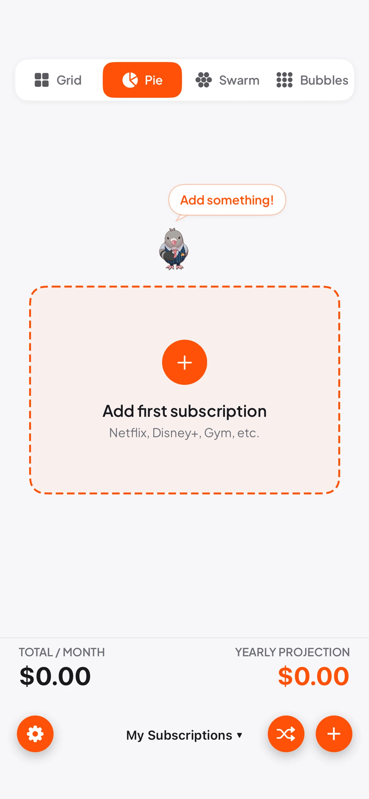 Empty State Before You Add Anything empty app screen with a pigeon mascot asking you to add your first recurring bill