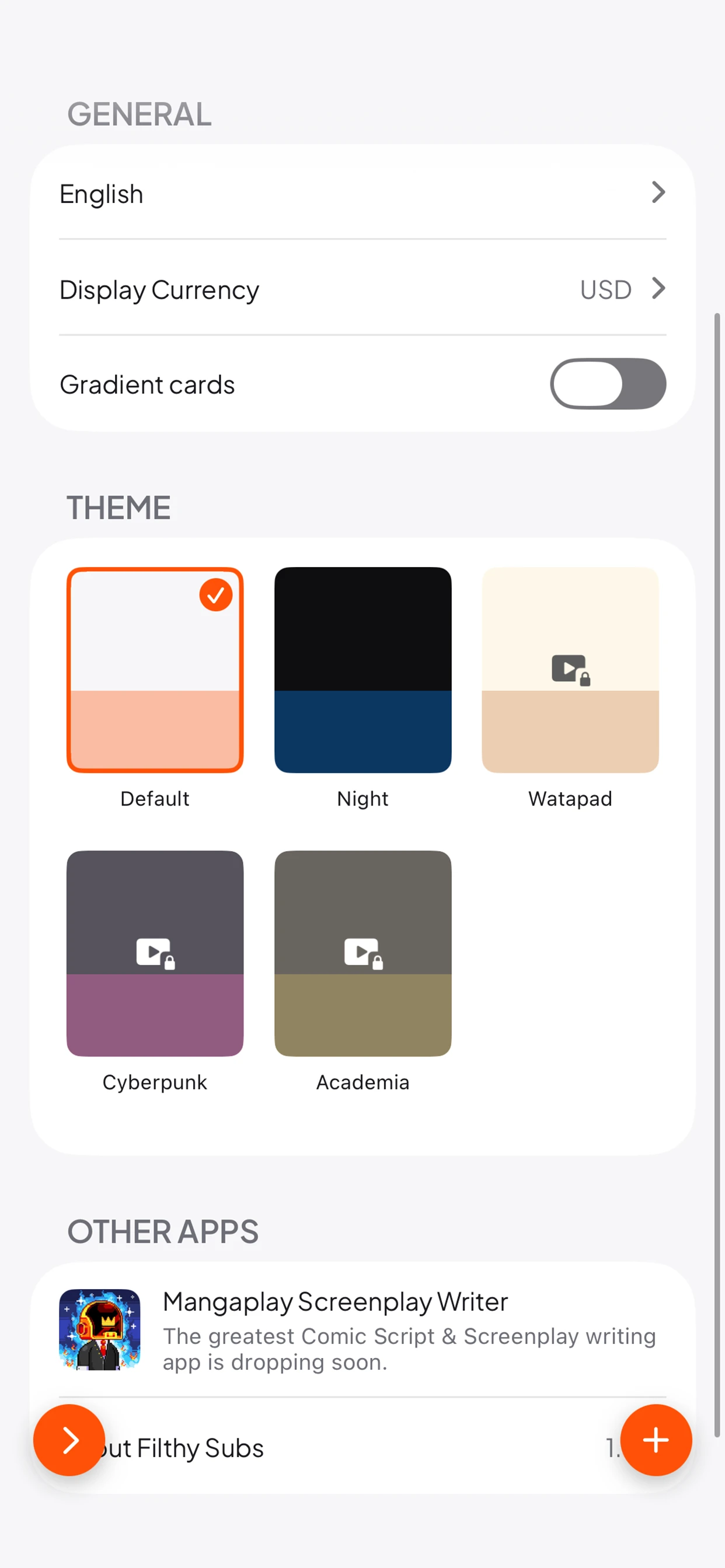 Settings, Currency And Themes settings screen showing display currency, gradient card toggle and five colour themes including Night and Cyberpunk